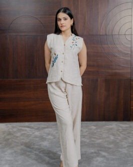 Elegant Linen Co-ord Set with Hand Work Embroidery