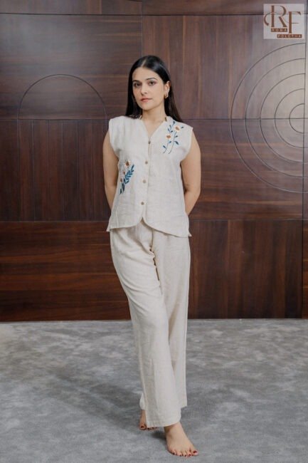 Elegant Linen Co-ord Set with Hand Work Embroidery