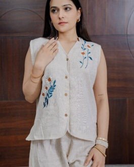 Elegant Linen Co-ord Set with Hand Work Embroidery