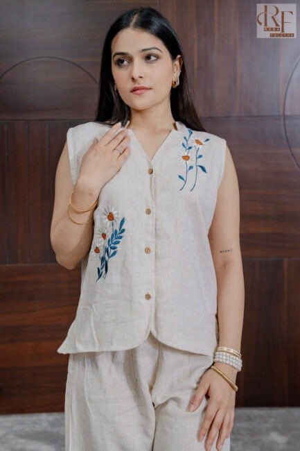 Elegant Linen Co-ord Set with Hand Work Embroidery - Image 2